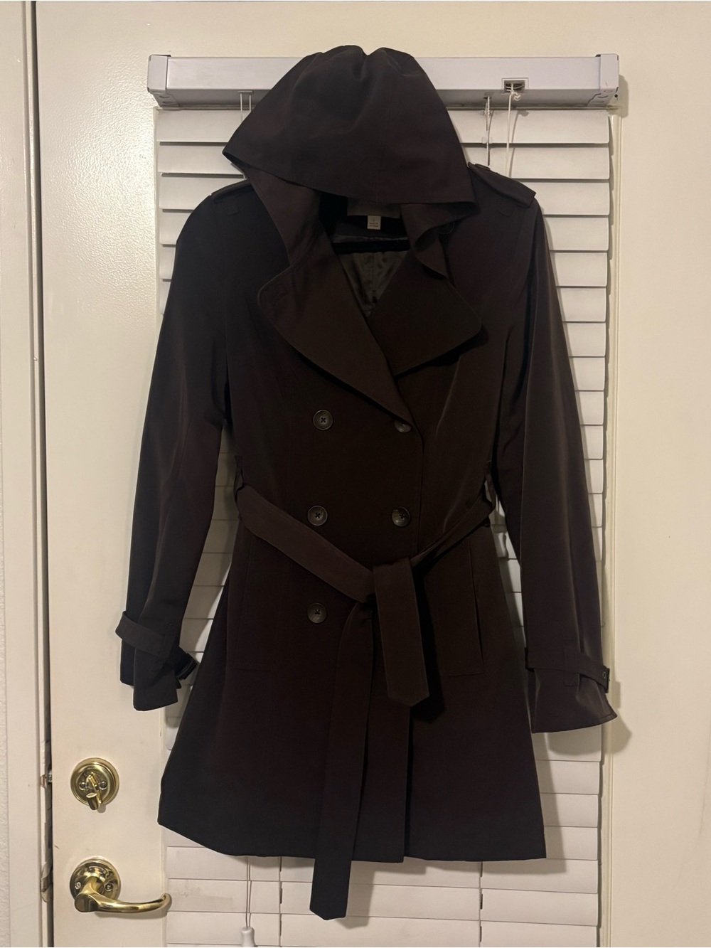 Women’s S Brown Hooded Trench Coat Raincoat Belted Button Front Lightweigh